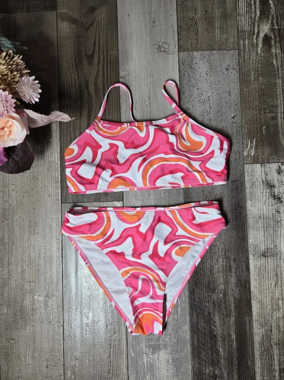 SHEIN Pink & Orange Swirl Two-Piece Bikini Set Teen Girl Size 12-13 Years NWOT